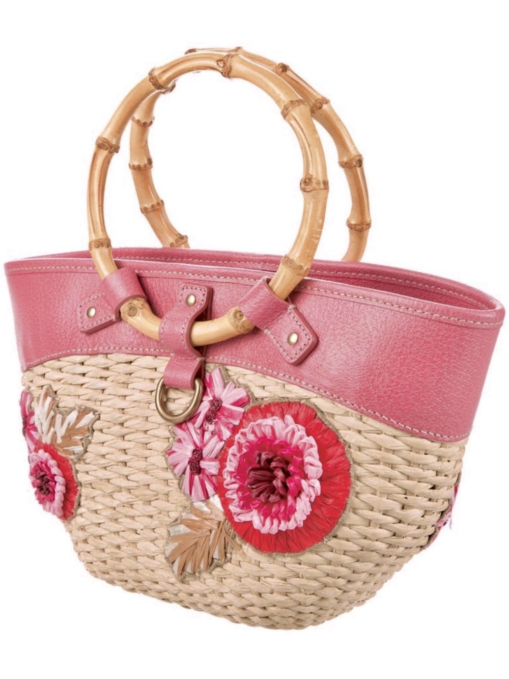 Archival Miu Miu Begonia Basket Bag: Pink Leather + Natural Bamboo & Rattan Tote